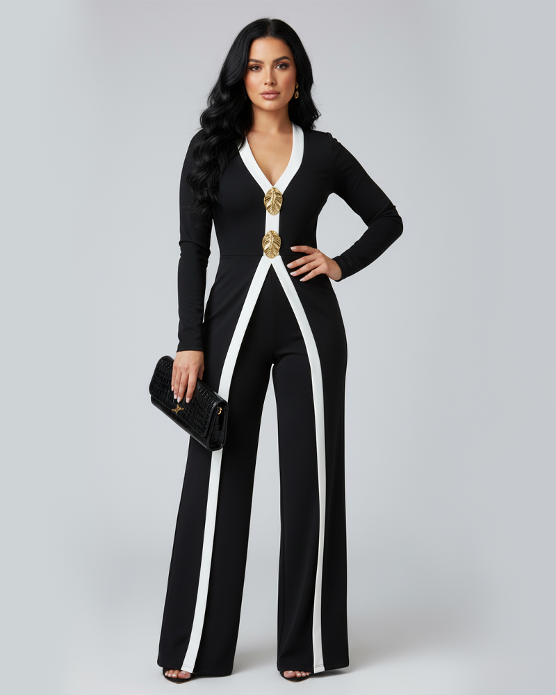 Color Block Fashion Stretch Slim Fit Jumpsuit With Gold Buttons Slit