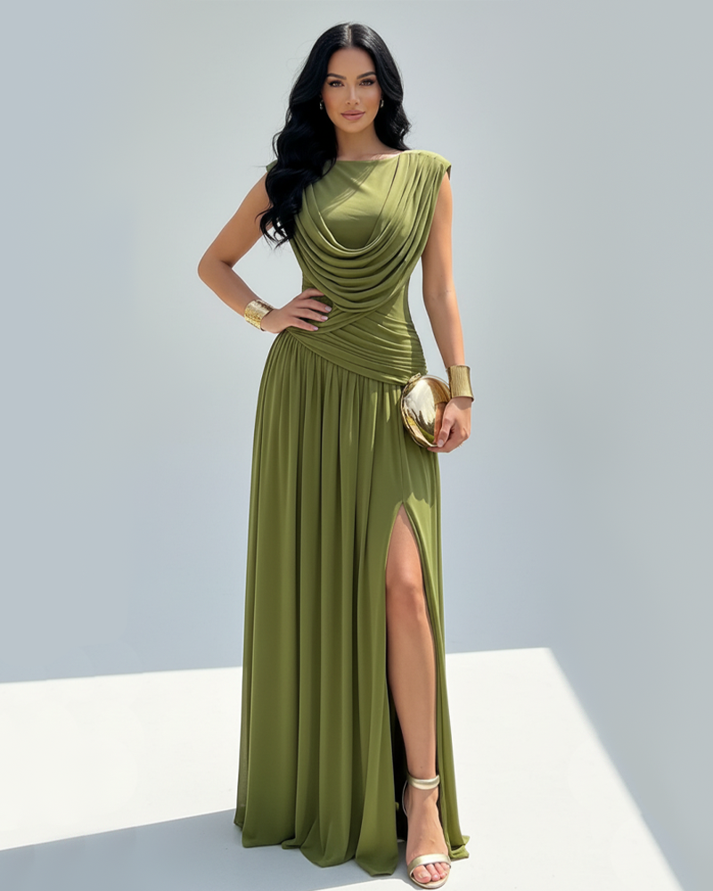 French Style Elegant Waist-Cinched Ruched Sleeveless Reversible Collar Dress