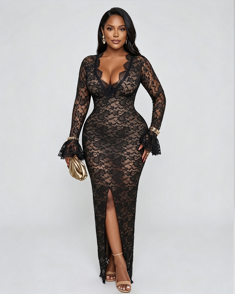 Elegant Lace Deep V Neck Long Sleeve Slit Dress for Women
