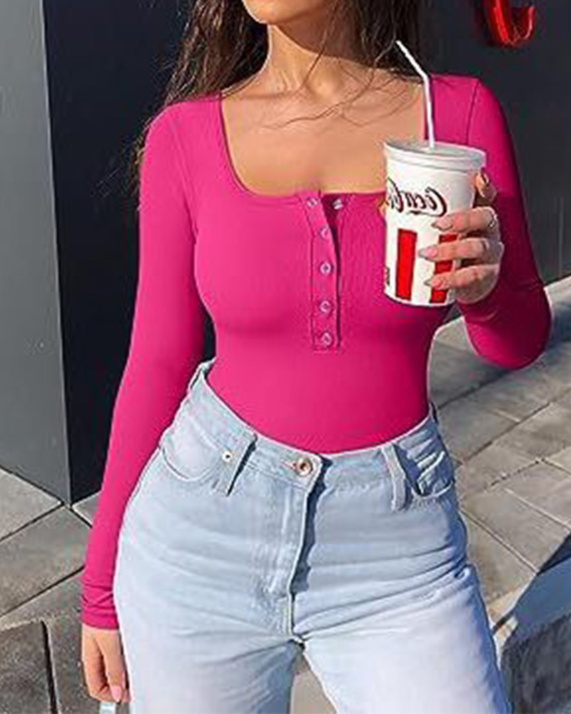 Button-Front Square-Neck Ribbed Triangle Bodysuit