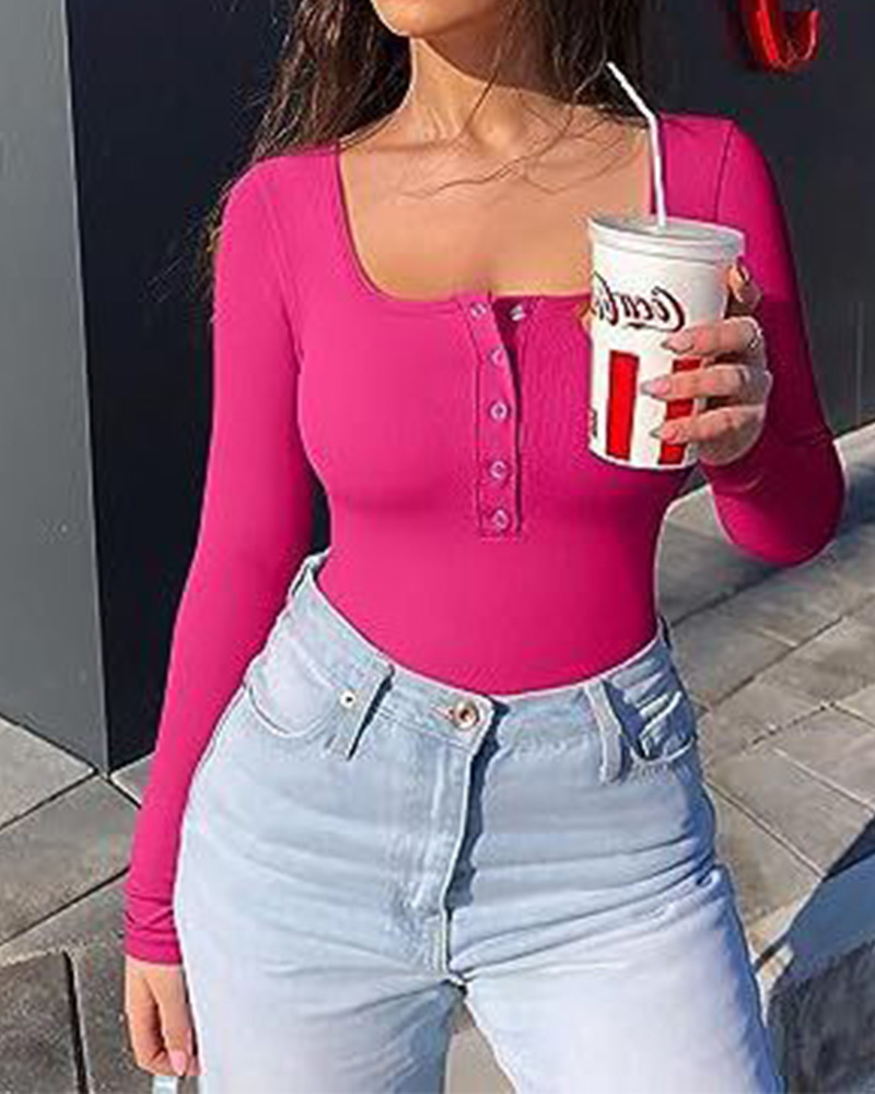 Button-Front Square-Neck Ribbed Triangle Bodysuit