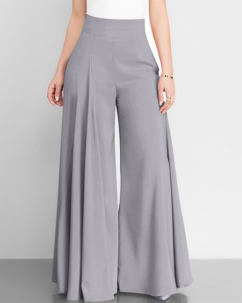 Solid Color High Waist Wide Leg Pants-Curvy-Faja