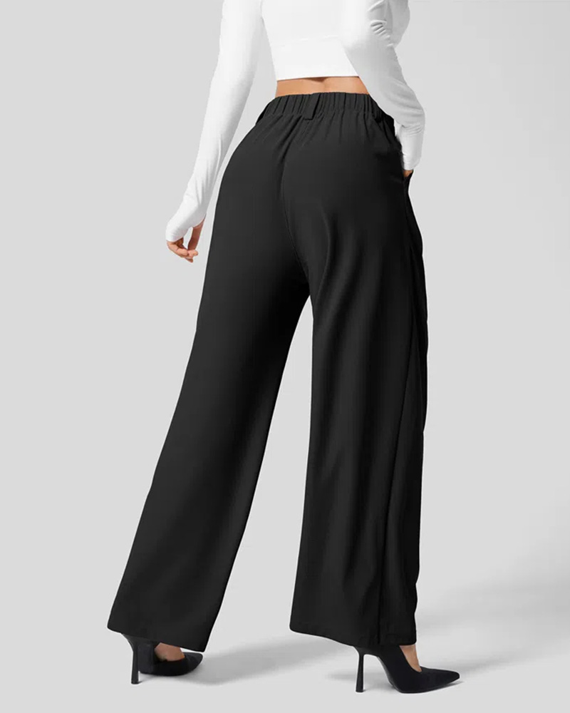 High Waisted Plicated Side Pocket Wide Leg Waffle Work Pants
