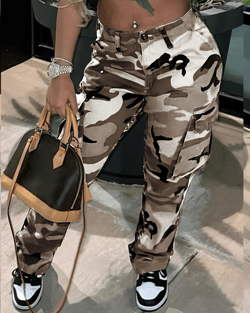 High-Rise Straight-Leg Camouflage Cargo Trousers-Curvy-Faja