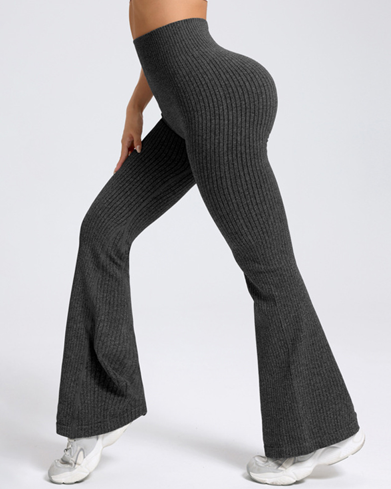 High Waist Ribbed Flared Yoga Pants-Curvy-Faja