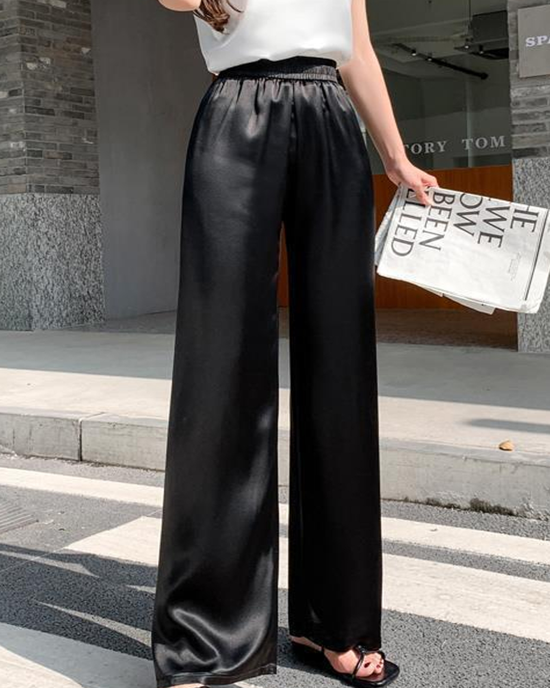 High-Waisted Pearlescent Satin Straight-Leg Wide-Leg Pants