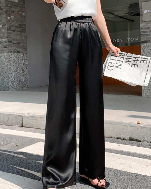 High-Waisted Pearlescent Satin Straight-Leg Wide-Leg Pants