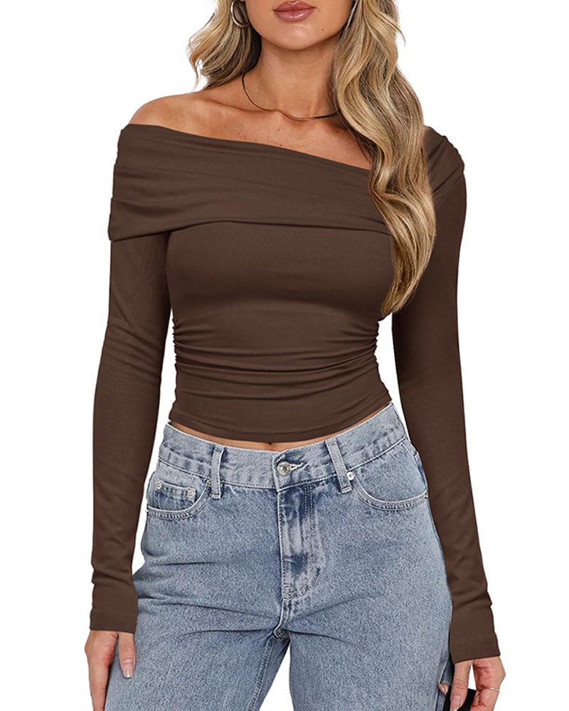 One-Shoulder Long-Sleeved Open-Back Gathered Top T-Shirt-Curvy-Faja