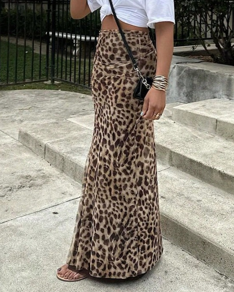 Leopard Print High-Waisted Midi Skirt