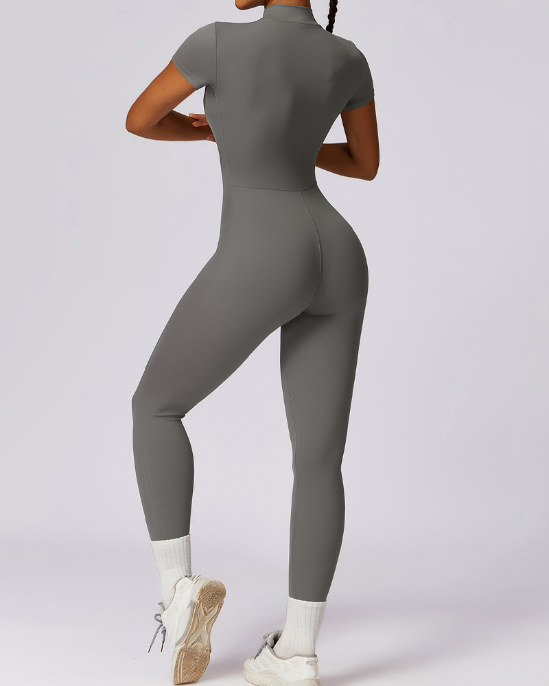 Zippered Short-Sleeved Slim-Fit Jumpsuit