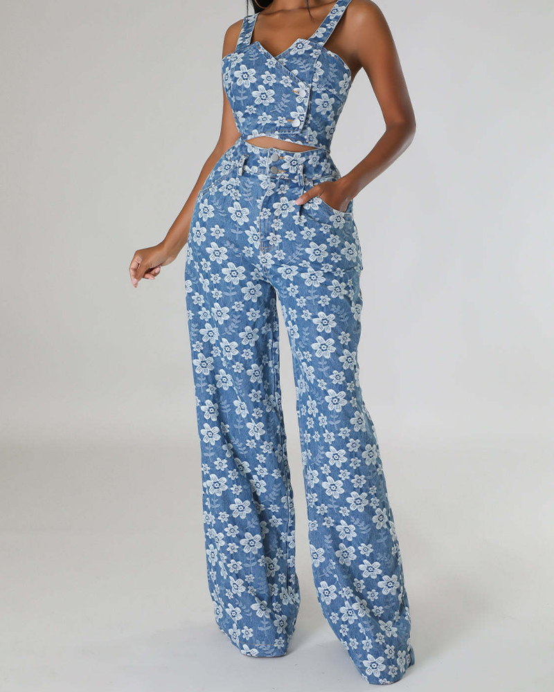 Denim Jacquard Print Set-Curvy-Faja