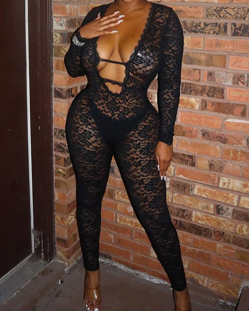 Lace See-Through Sexy Hot Girl Jumpsuit-Curvy-Faja
