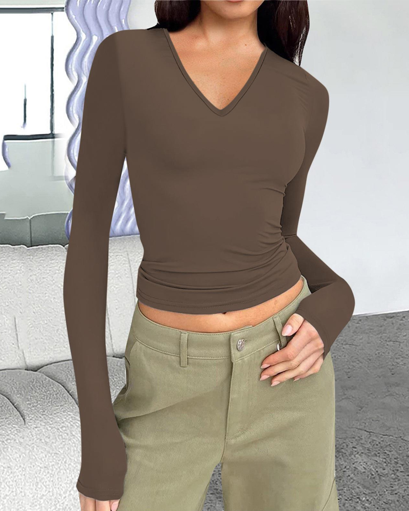 V-Neck Long-Sleeved Slim-Fit Versatile T-Shirt Top-Curvy-Faja