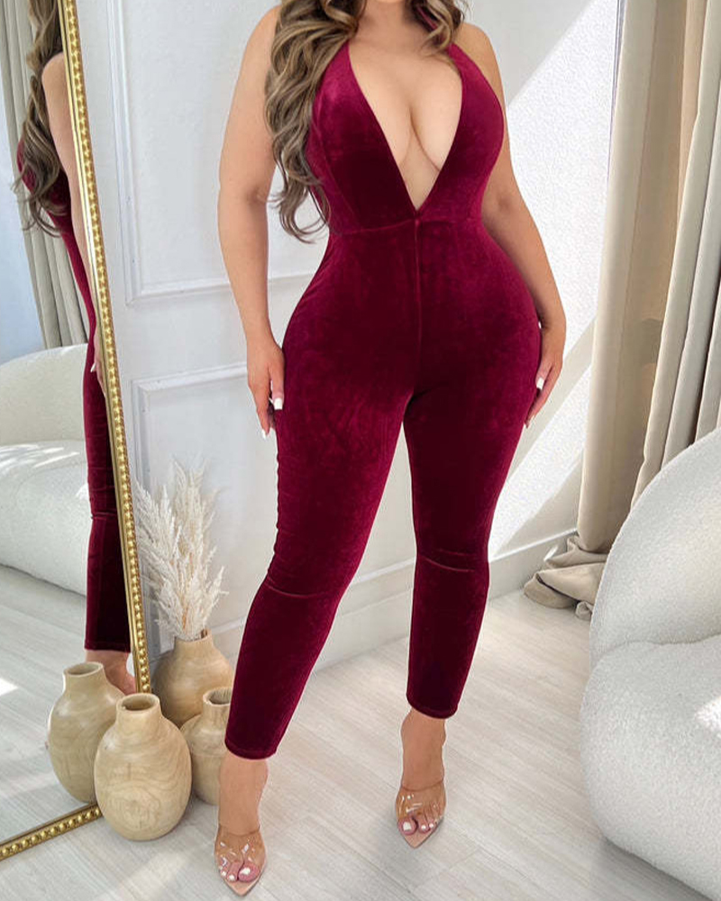 Deep V-Neck Halter Neck Velvet Backless Jumpsuit-Curvy-Faja