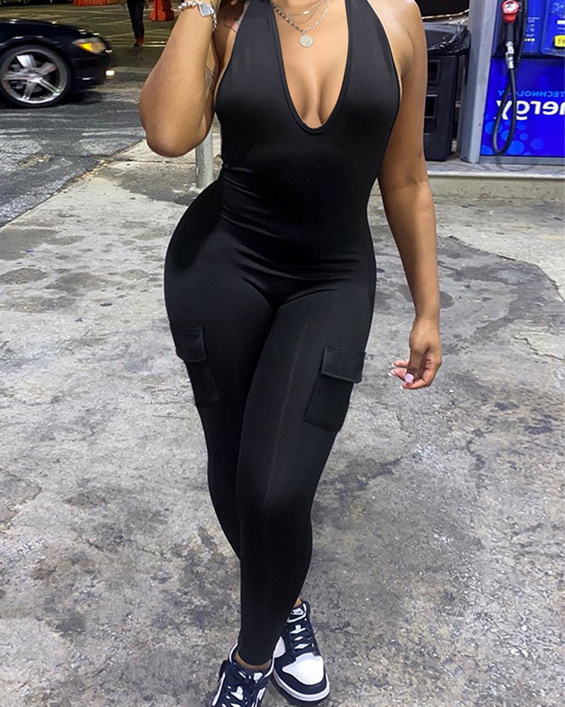 CURVY-FAJA | Thigh-Neck V-Neck Sports Jumpsuit With Pocket Hip Lift