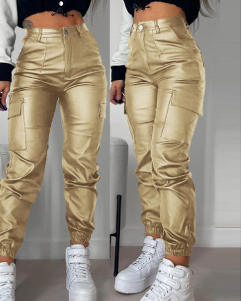 Zipper Pleated PU Casual Patch Pocket Skinny Pencil Trousers-Curvy-Faja