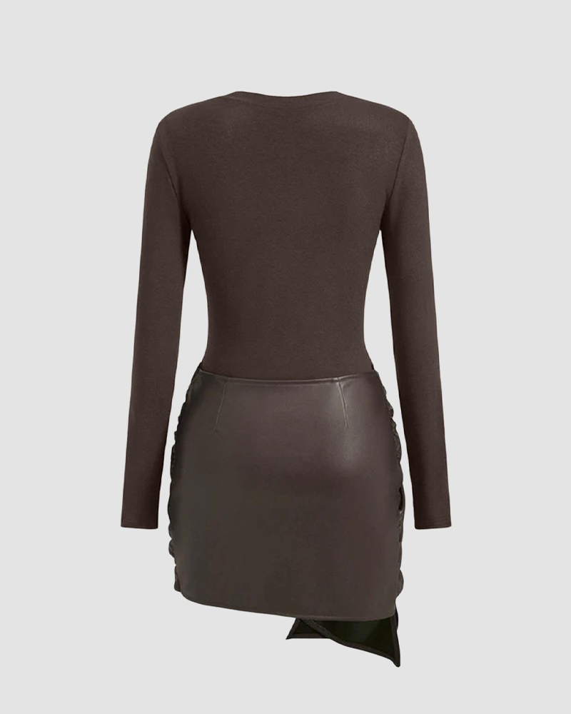 Patchwork Knotted Side Ruched Long-Sleeved Mini Dress