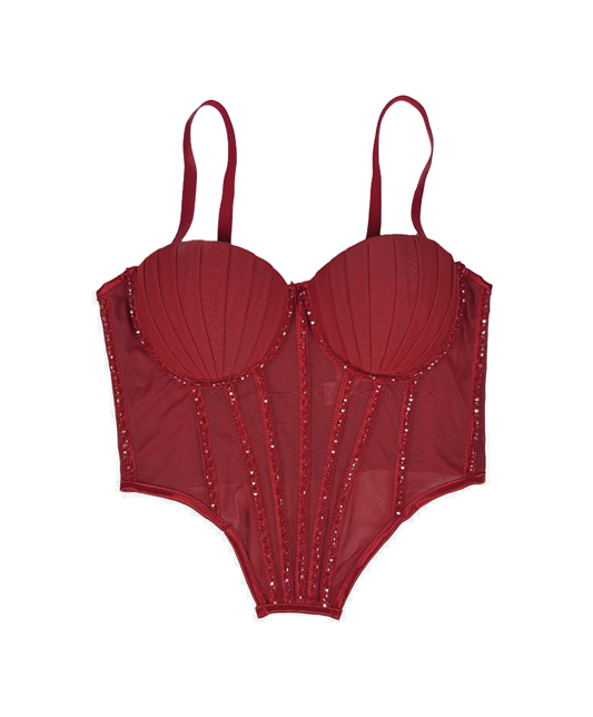 Mesh Camisole With Padded Bra Rhinestone Boning Shaping Bra