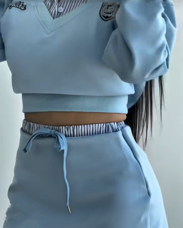 Striped Patchwork Preppy Style Midi Skirt Set (Pre-Sale）