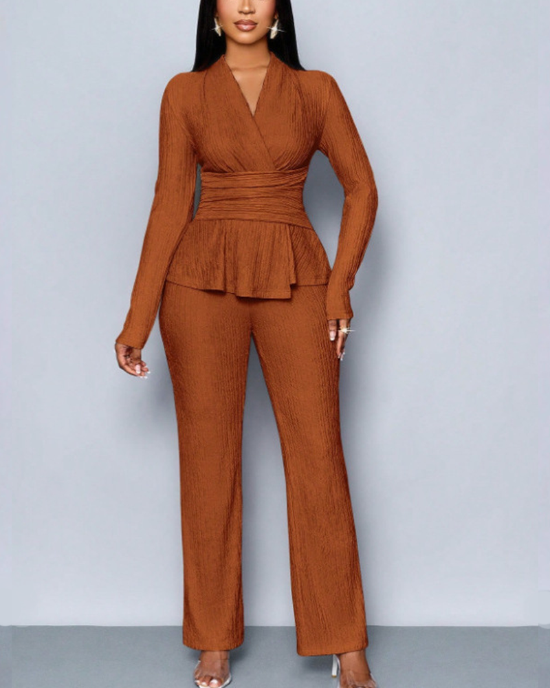 Stylish And Elegant V Neck Fitted Waist Long Sleeved Trouser Suit