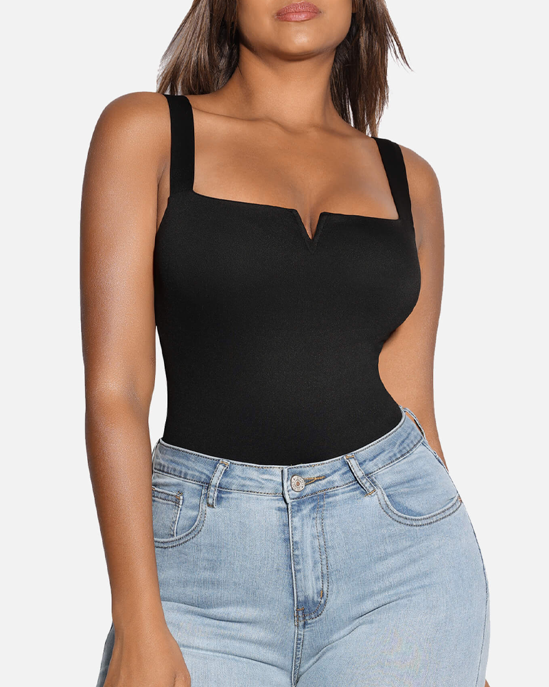 Square Neck Soft Stretch Bodysuit For Tummy Control And Shaping