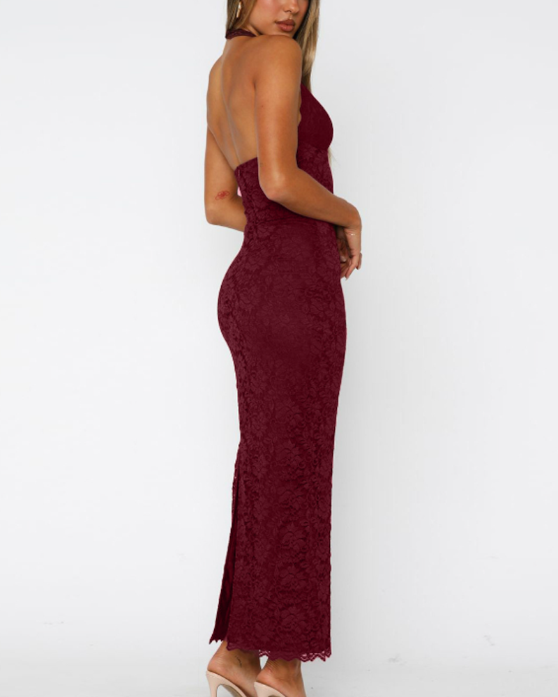 Stylish Halter Neck Lace Slit Slim-Fit Dress