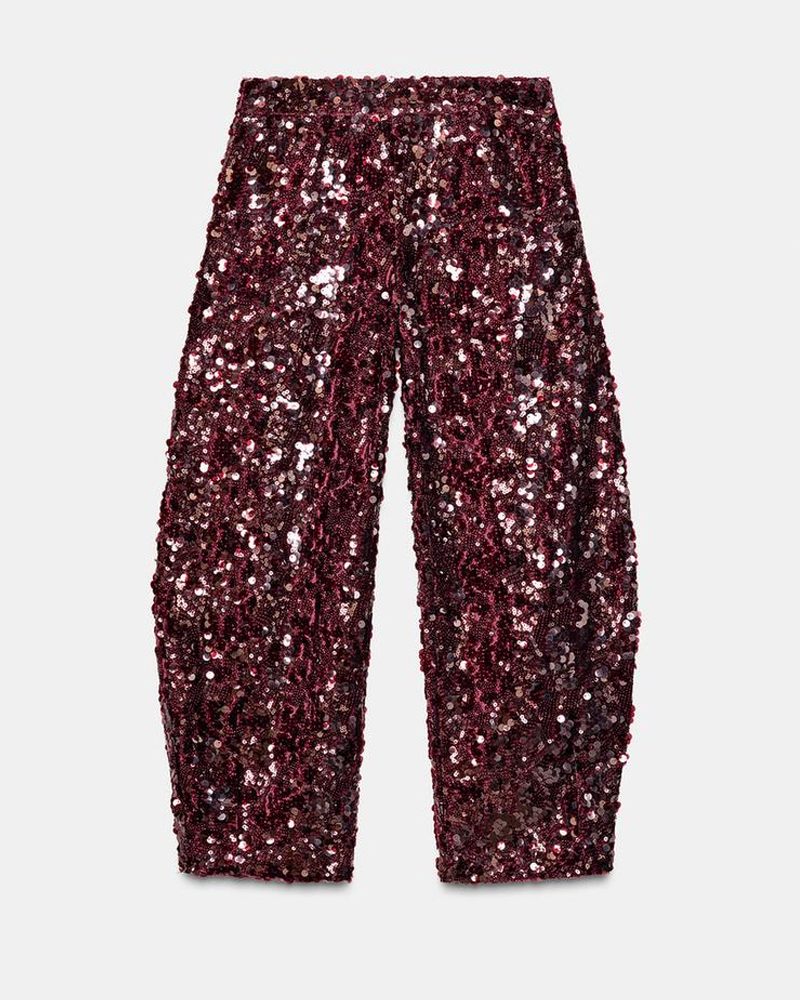 Fashionable Red Sequined Bucket Pants