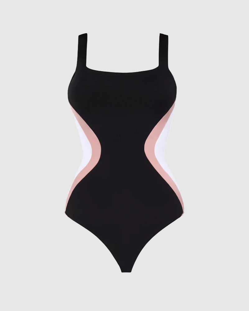 Color Block Side Stripes Lace Up Back Shaping One Piece Swimsuit (Pre-Sale)