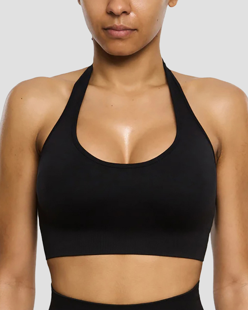 Halter Bra Medium Low Impact Sports Bras for Women Seamless Workout Padded Open Back Gym Yoga Bra with Removable Pads