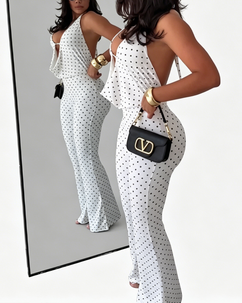 Vintage Polka Dot Halter Deep Open Back Flared Leg Jumpsuit（Pre-Sale）