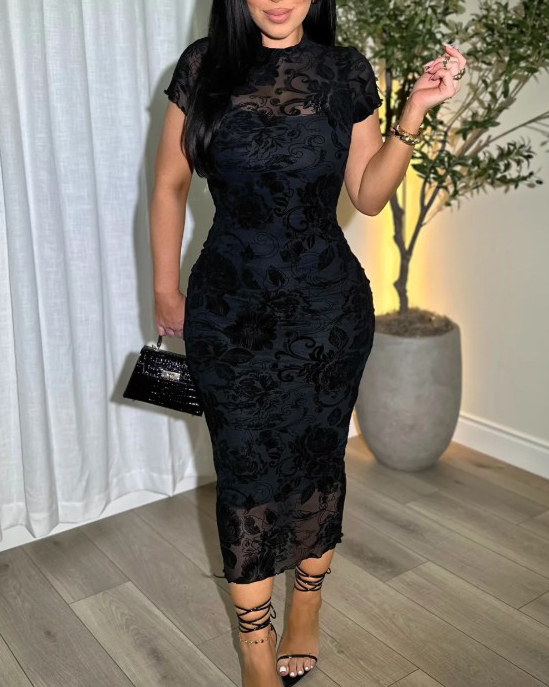 Women's Sheer Mesh Sexy Bodycon Dress with Retro Prints-Curvy-Faja