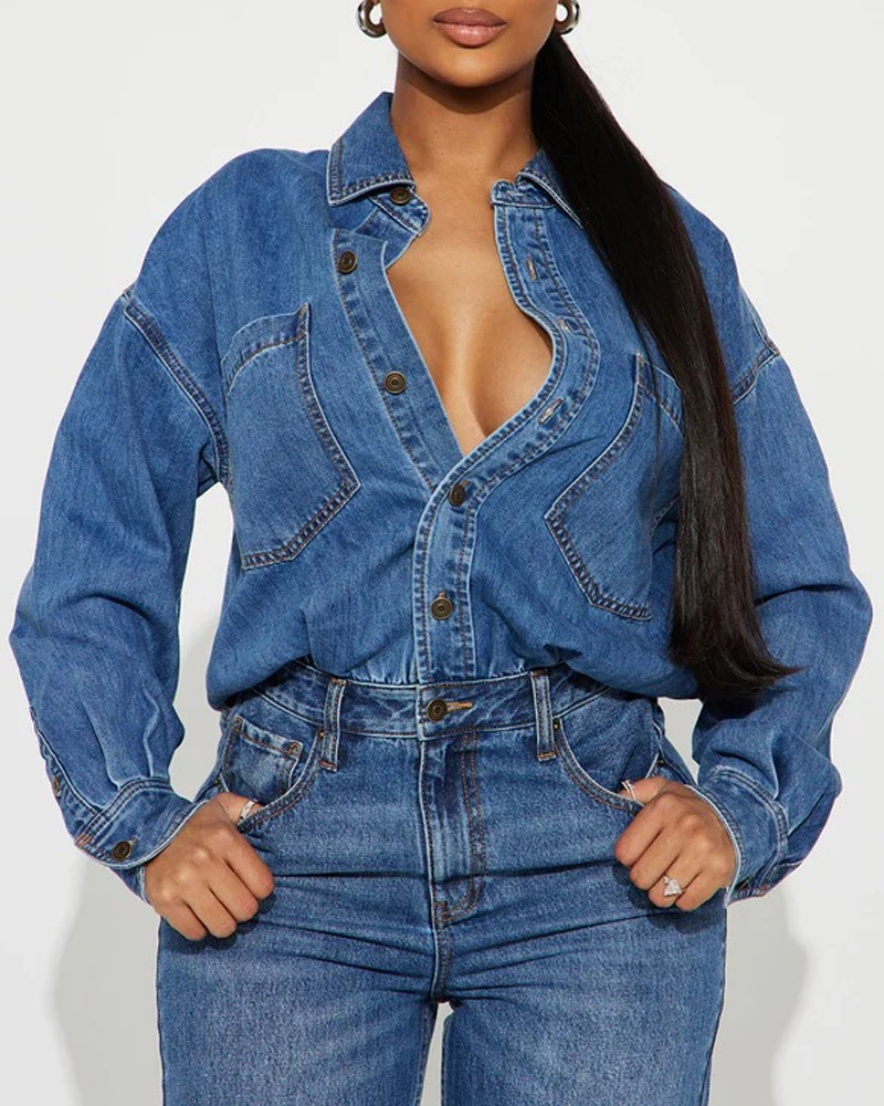 Slim Fit Stretch Loose Wash Denim Long Sleeve Straight Jumpsuit for Women