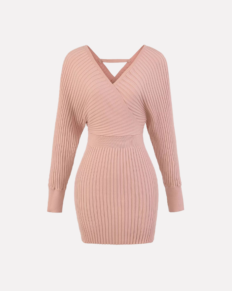 Elegant V Neck Knit Long Sleeve Bodycon Midi Dress