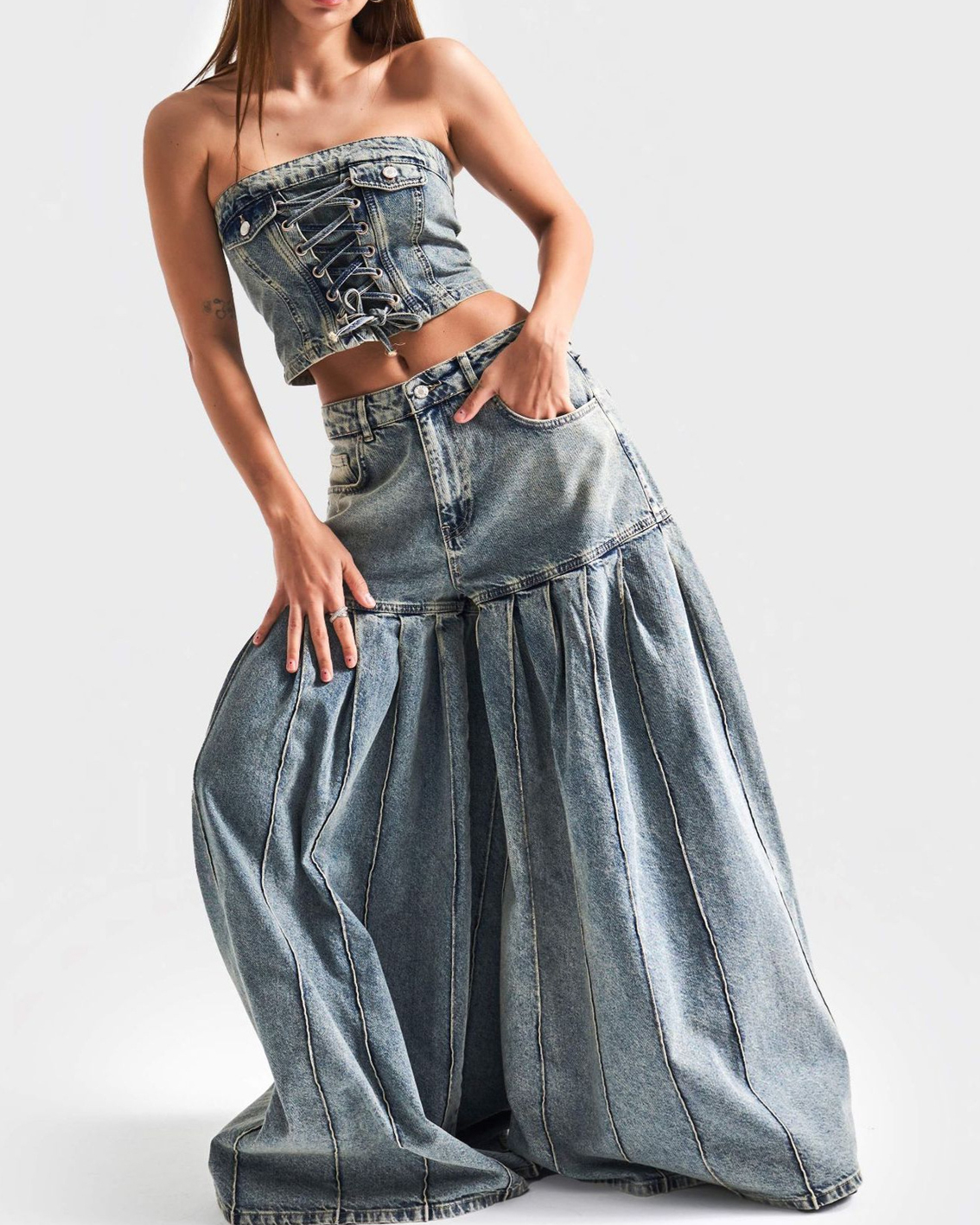 CURVY-FAJA Reloj de arena Denim Culottes and Vest Set
