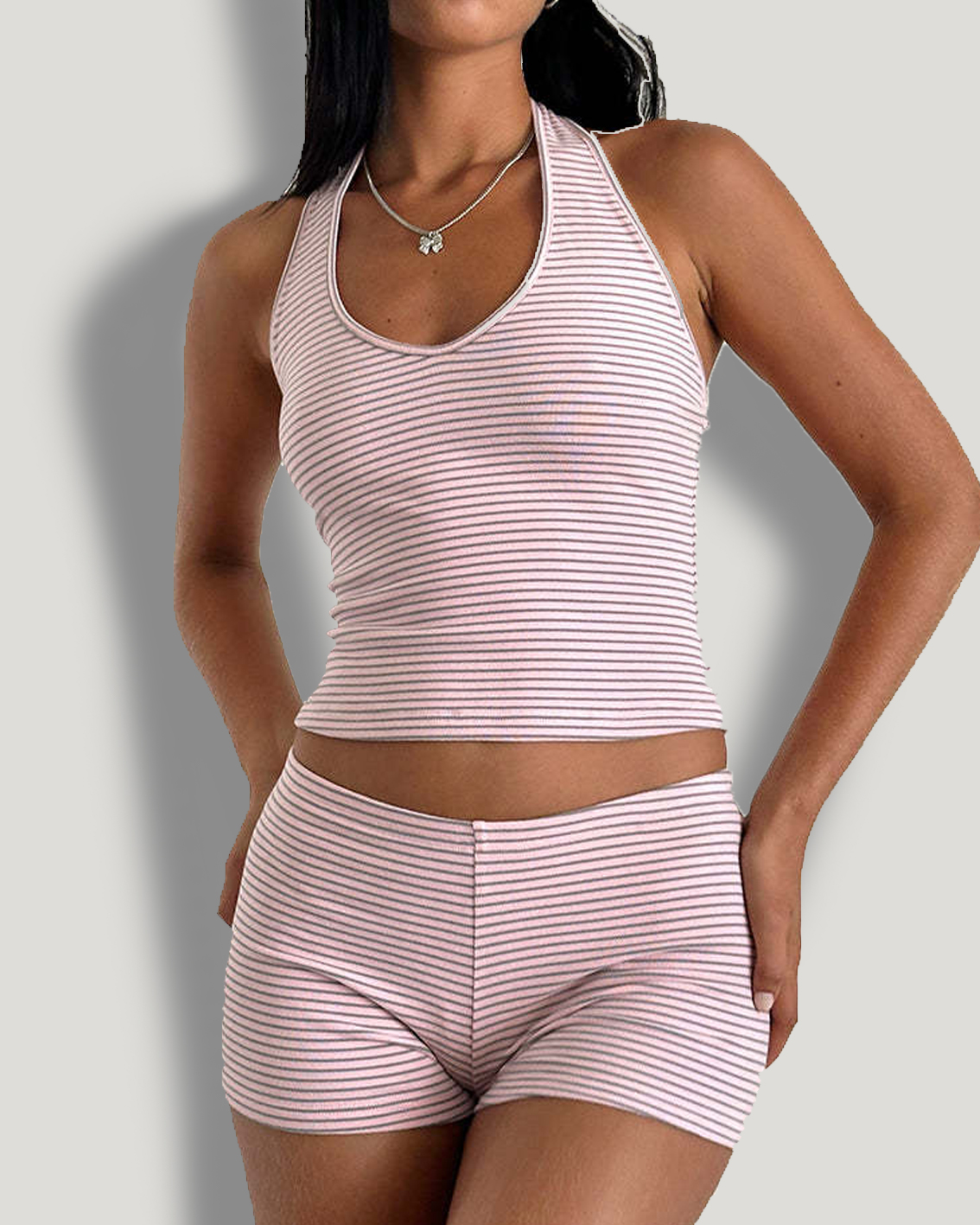 Striped Small Fresh Open Back Casual Body Shaping Shorts Set-Curvy-Faja