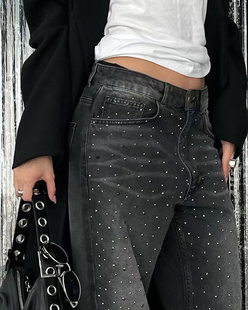 Retro Rhinestone-Embellished Wide-Leg Jeans