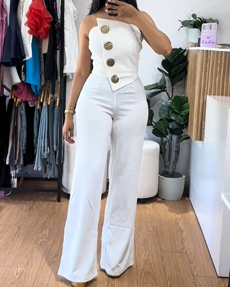 Sexy Tube Top Button-Decorated Flared Jumpsuit