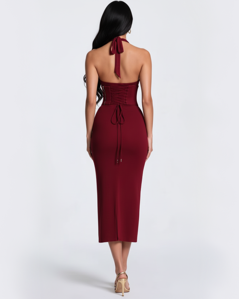 Halter Tie Boned Corset Midi Bodycon Evening Dress
