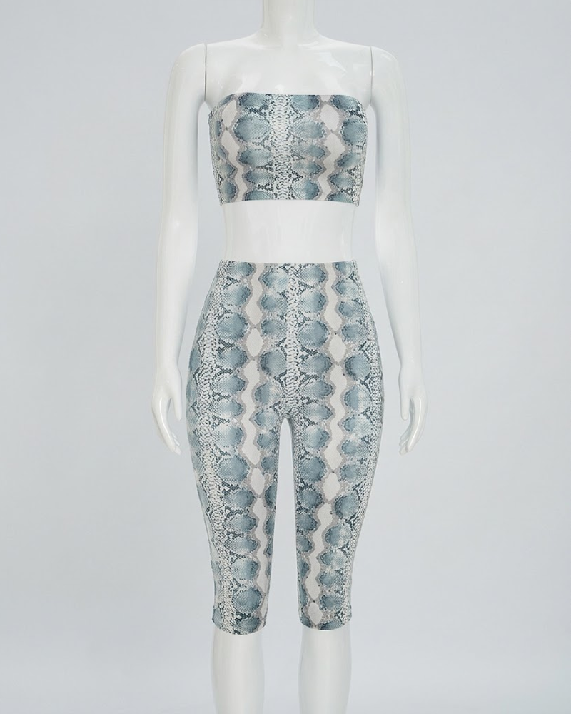 Snake Print Tube Top Skinny Capri Pants 2 Piece Outfit Set