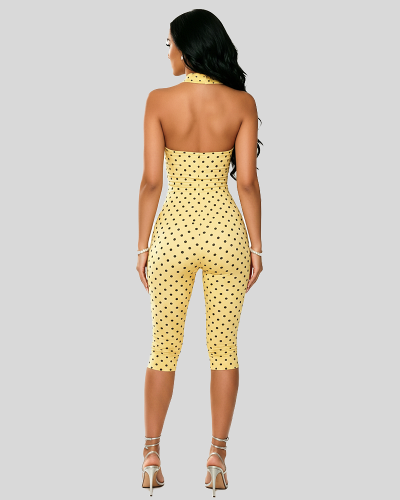 Fashion Polka‑Dot Sleeveless Halter Bodycon Cropped Jumpsuit