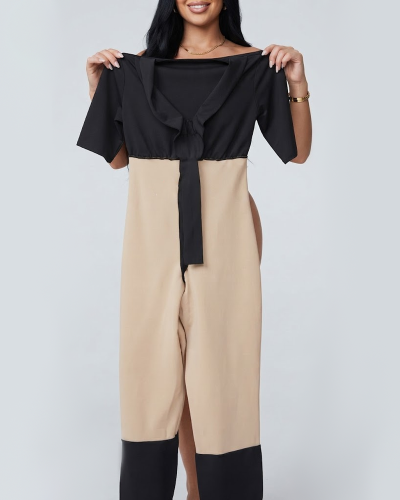 V-Neck Front Zip Mid Sleeve Bodycon Shaping Jumpsuit（Pre-Sale）