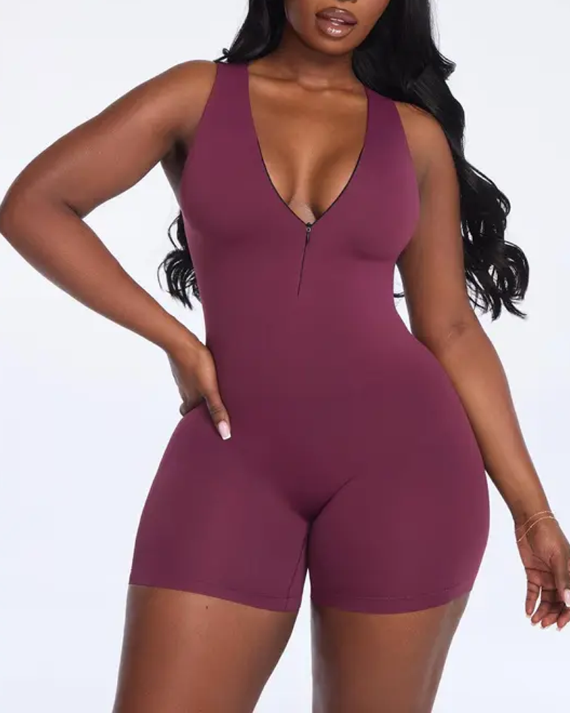 V-Neck Zipper Front Tummy Control Short Shapewear Bodysuit（Pre-sale）