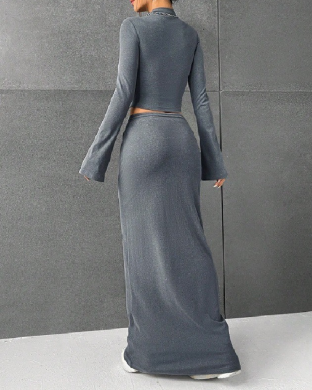 Solid Color Long-Sleeved Slim-Fit Base Layer Bodycon Long Skirt Set