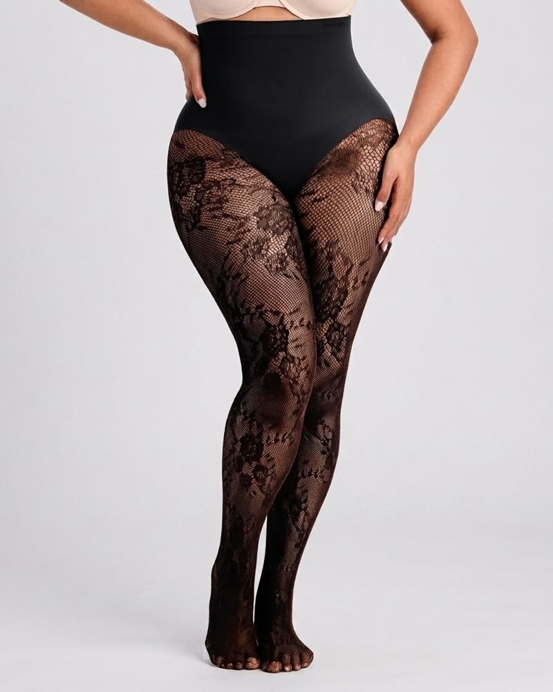 High‑Waist Floral Lace Shaping Tights