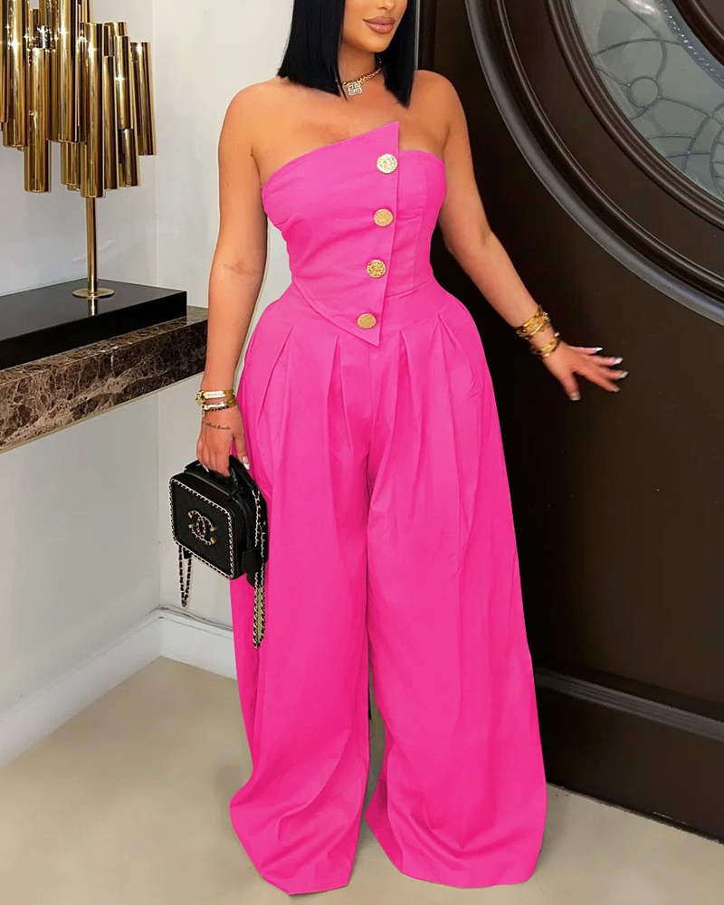 Strapless Sleeveless Jumpsuit With Metal Buttons