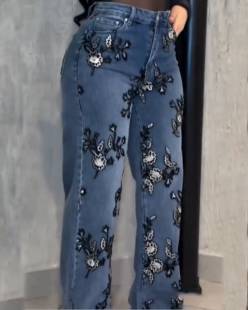 Retro Blue Denim Wide Leg Pants With Floral Embroidery (Pre-Sale)