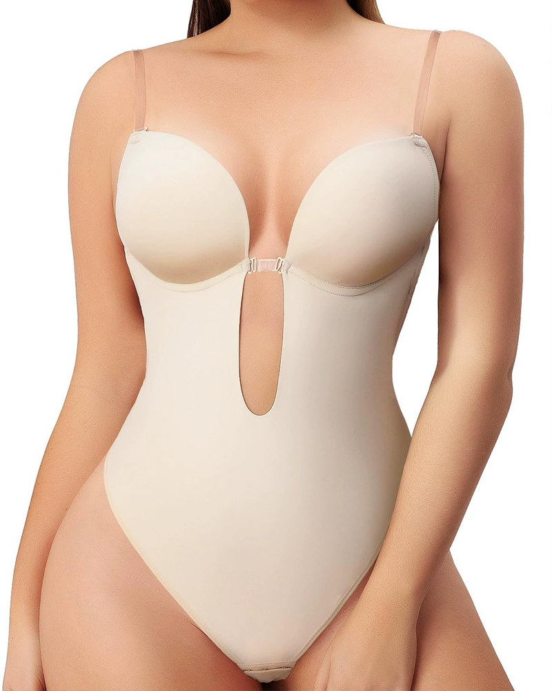 Deep V Backless Bodysuit With Bust Support Shaping And Invisible Shoulder Straps