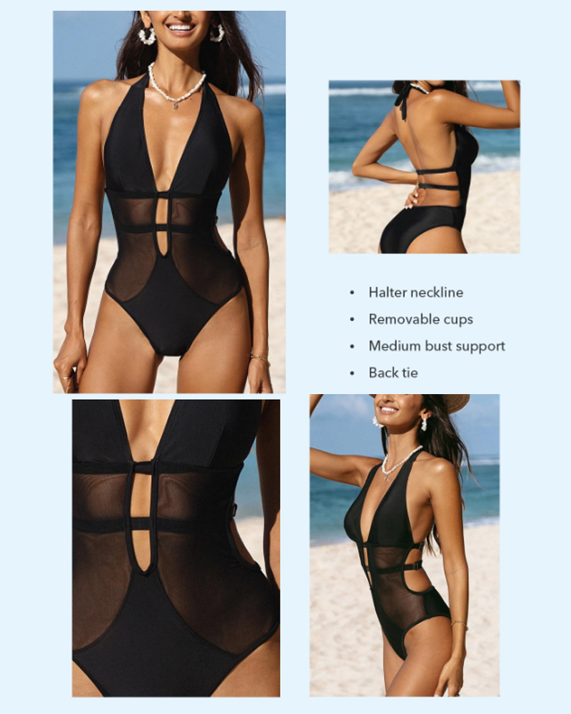 Hourglass Tummy Control Mesh Halter One Piece Swimsuit