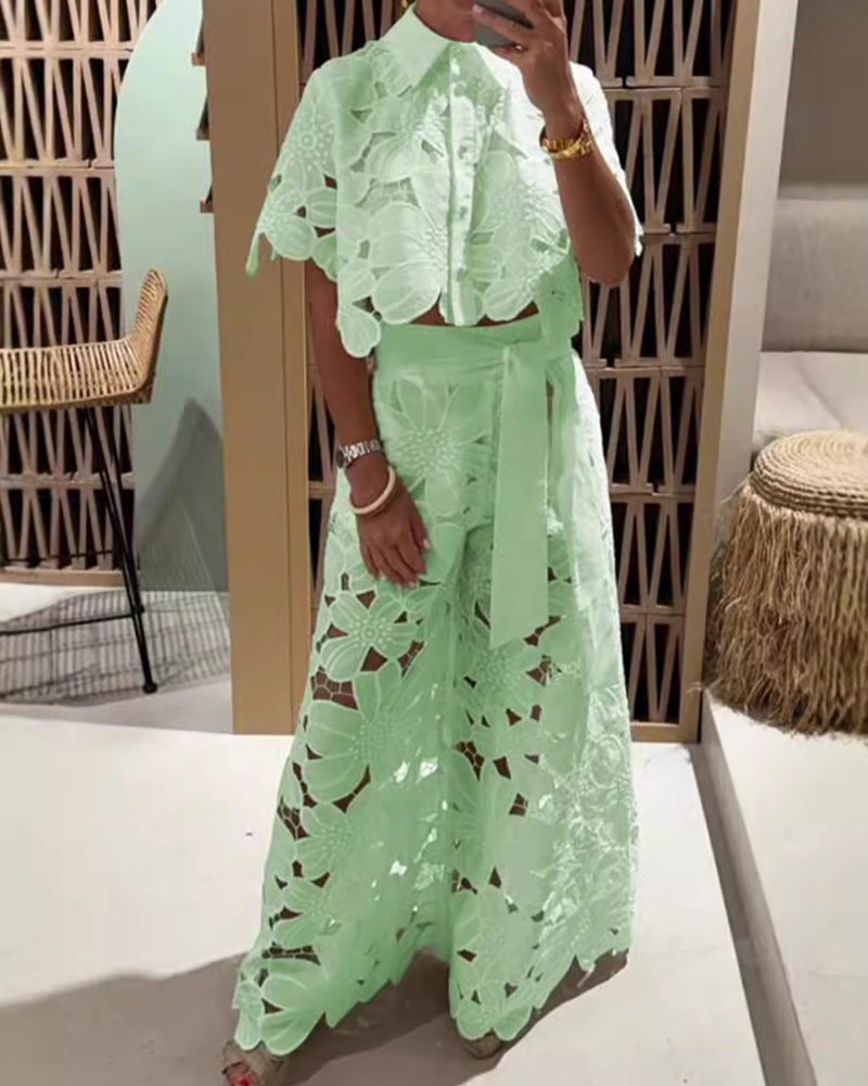 Hollow Out Cardigan Top And Wide Leg Pants Two Piece Set