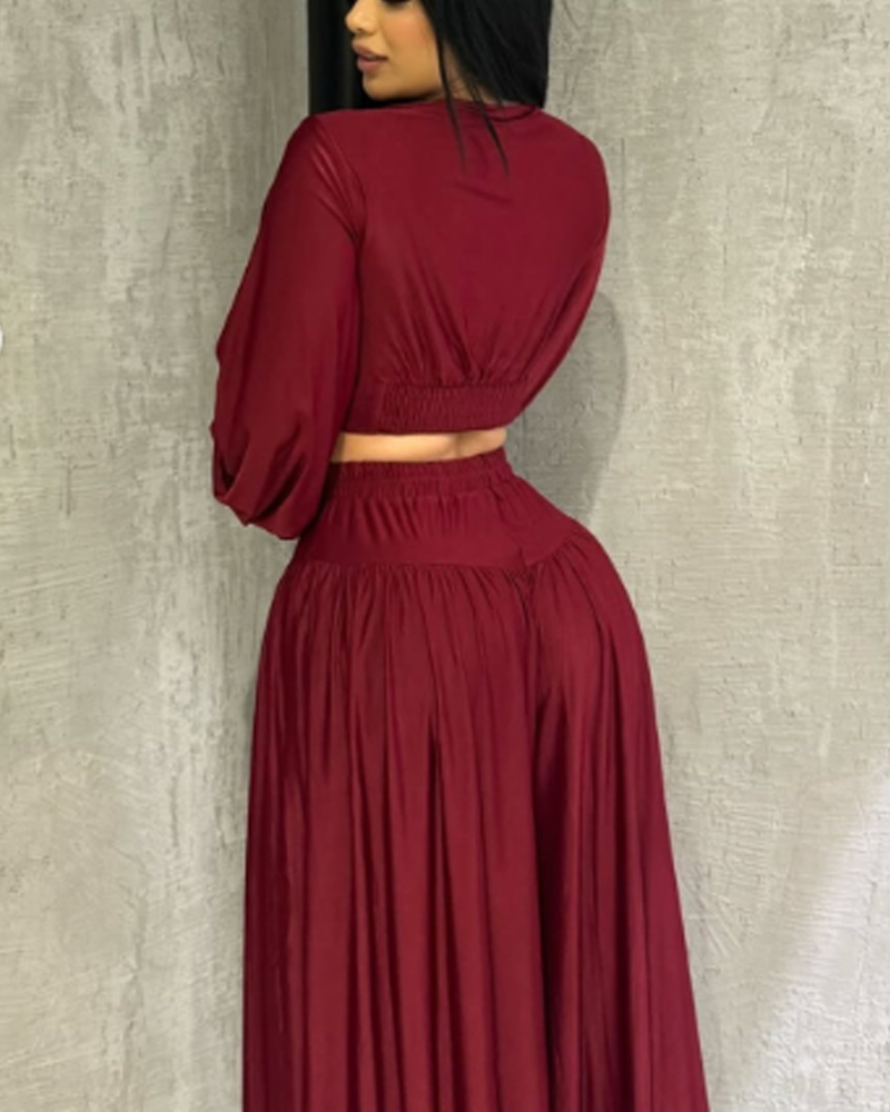 Two Piece Set Cropped Top With Pleats And Wide Leg Pants